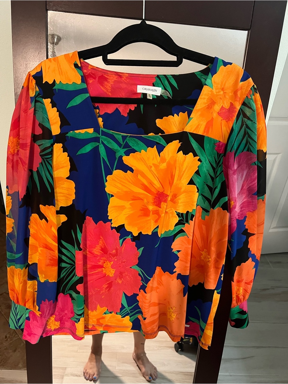 Calvin Klein Navy Floral Square-Neck Blouse - Orange & Pink Blooms